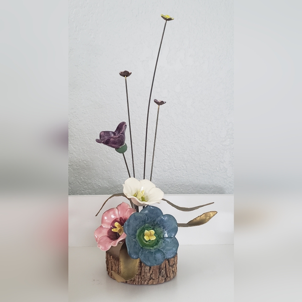 VTG Floral MCM Art Sculpture Winifred Cole Ceramic Metal Wood Brutalist Kinetic